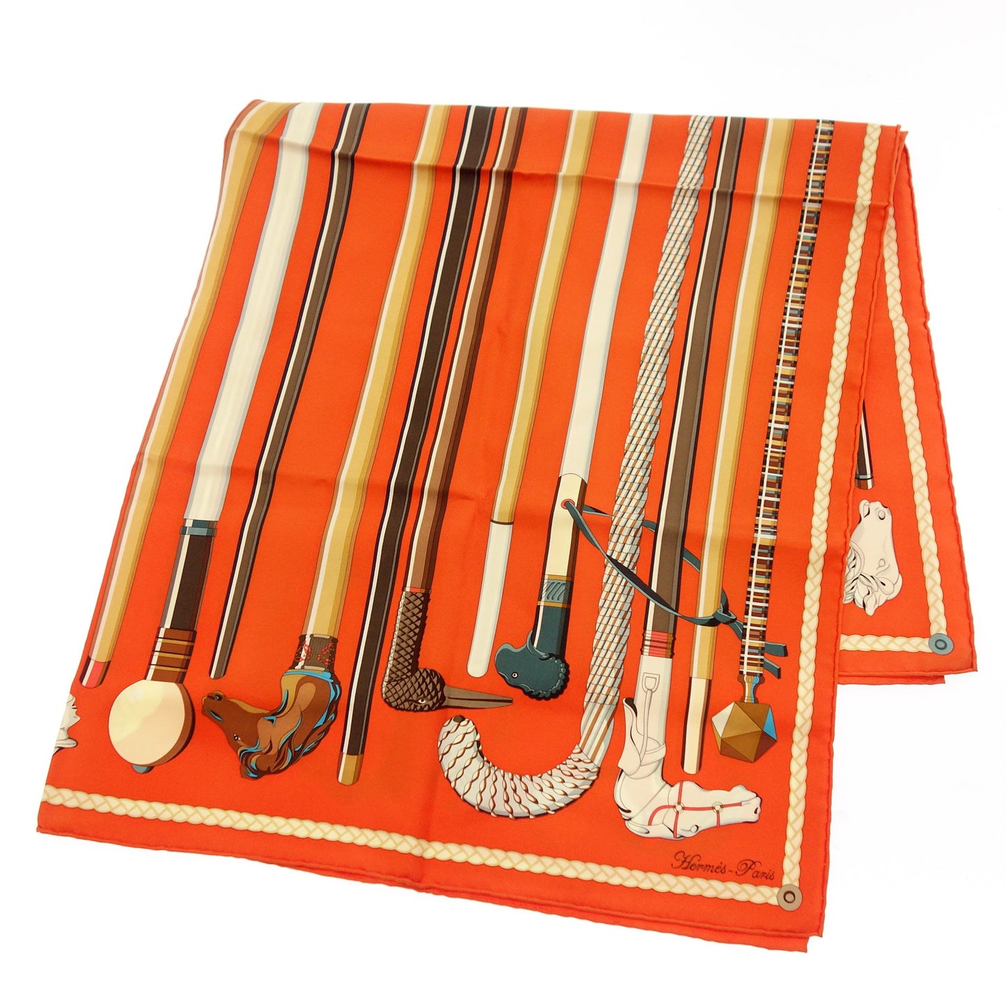 美品◆エルメス スカーフ カレ90 シルク Les cannes ステッキ オレンジ系 HERMES【AFI20】