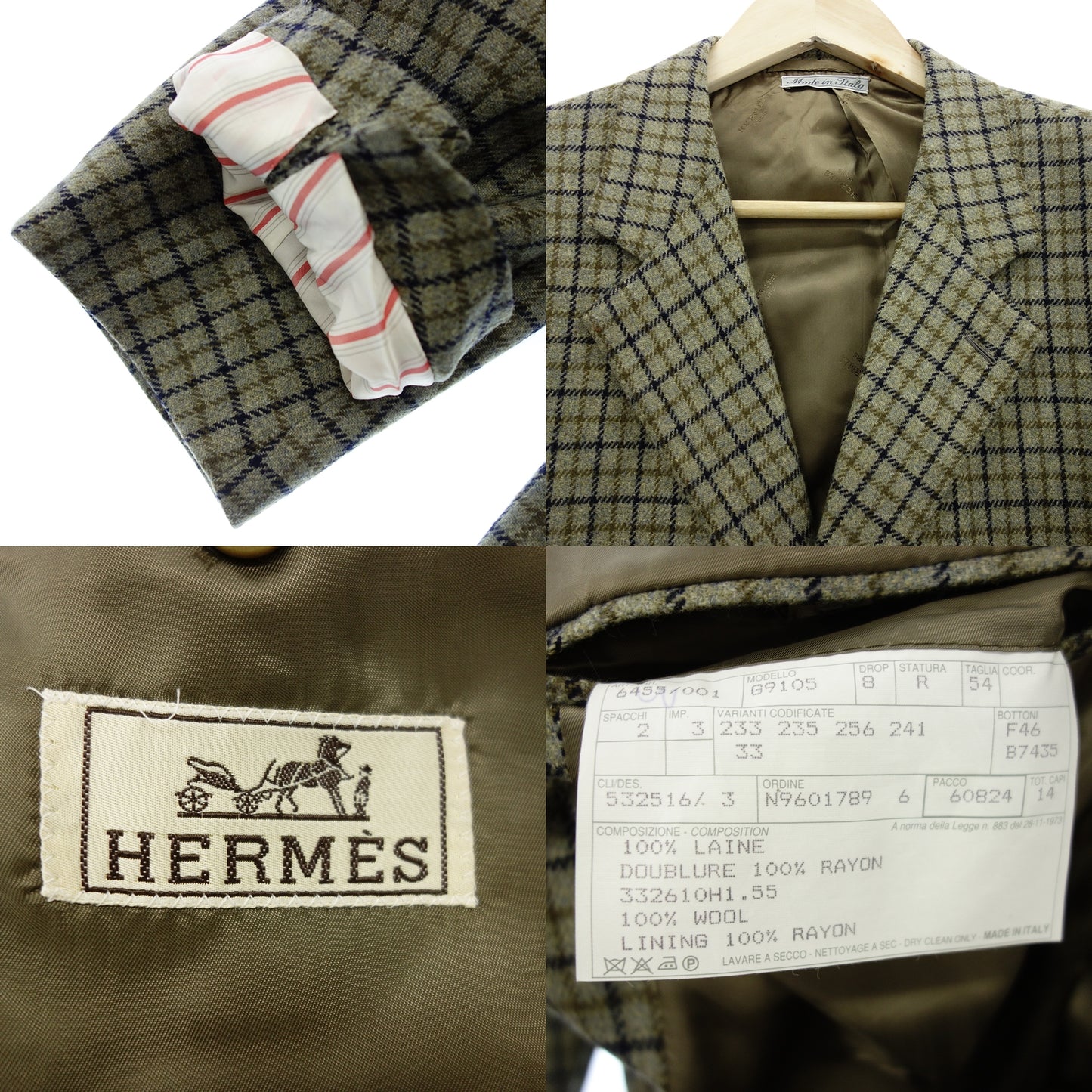 エルメス テーラードジャケット チェック柄 ウール サイズ54 メンズ グレー HERMES【AFA16】【中古】