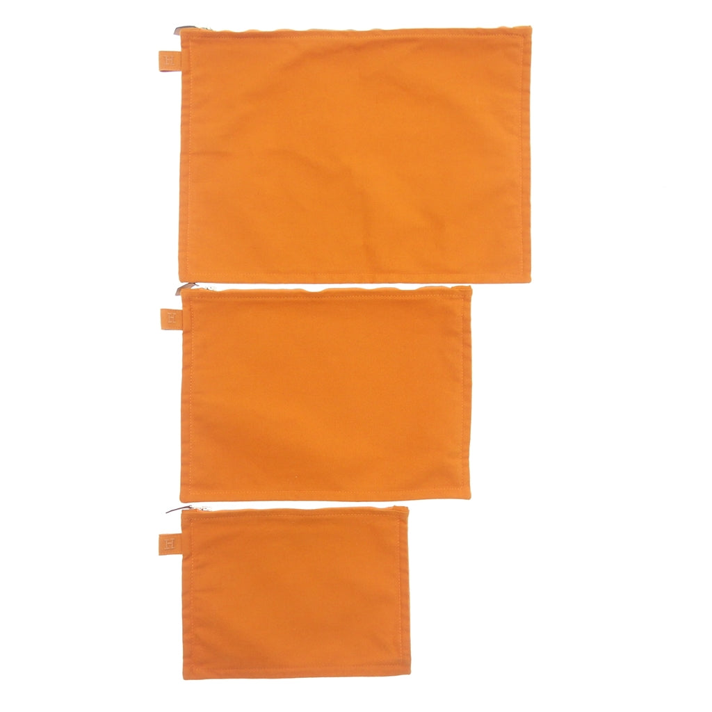 美品◆エルメス ボラボラポーチ キャンバス シルバー金具 3点セット オレンジ HERMES【AFE6】