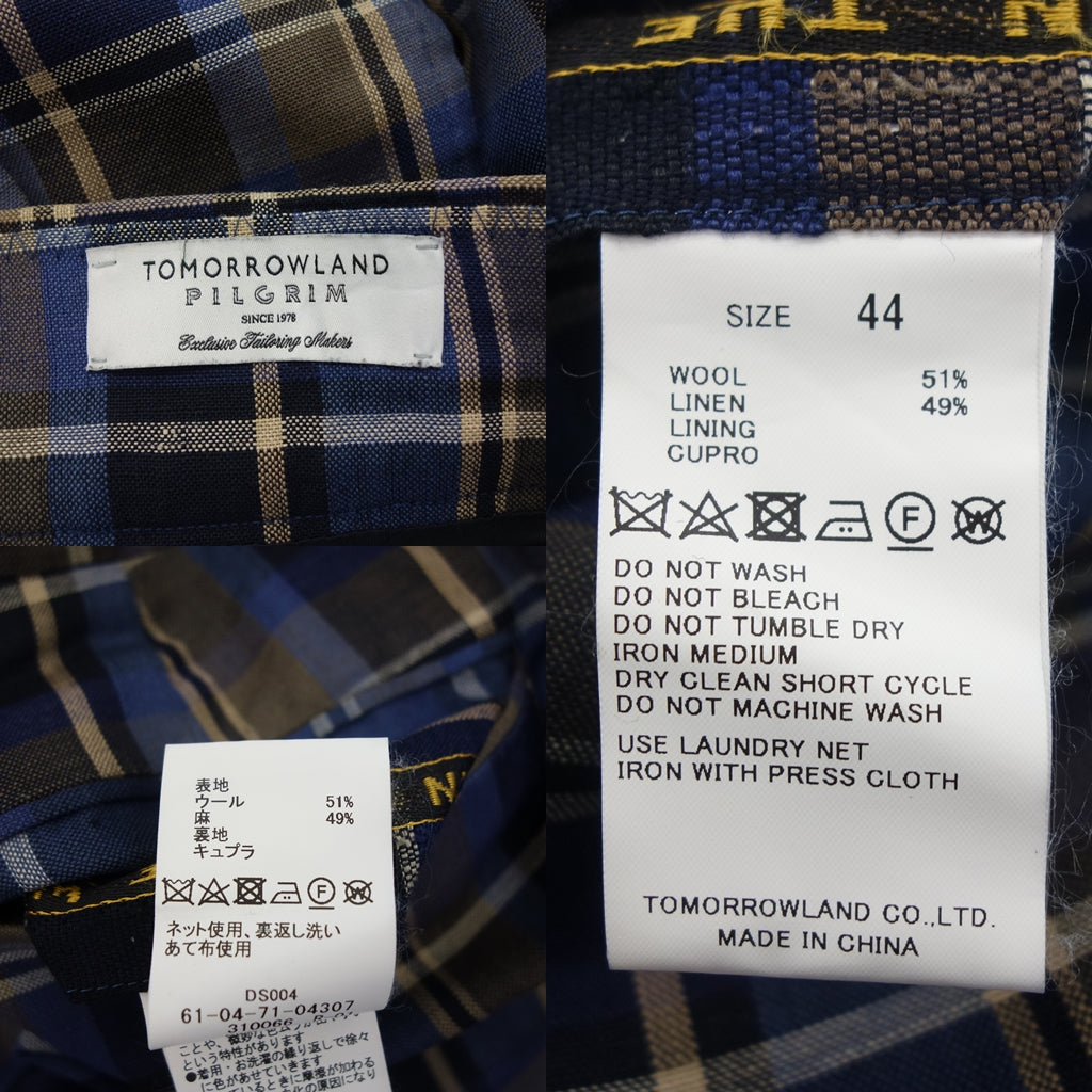 美品◆トゥモローランド ピルグリム チェックパンツ ウール メンズ ブルー サイズ44 TOMORROWLAND PILGRIM【AFB8】