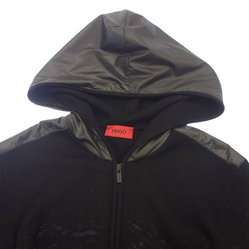 美品◆ヒューゴ ボス ニット&ナイロン切替 パーカー メンズ サイズXL ブラック HUGO BOSS【AFB7】