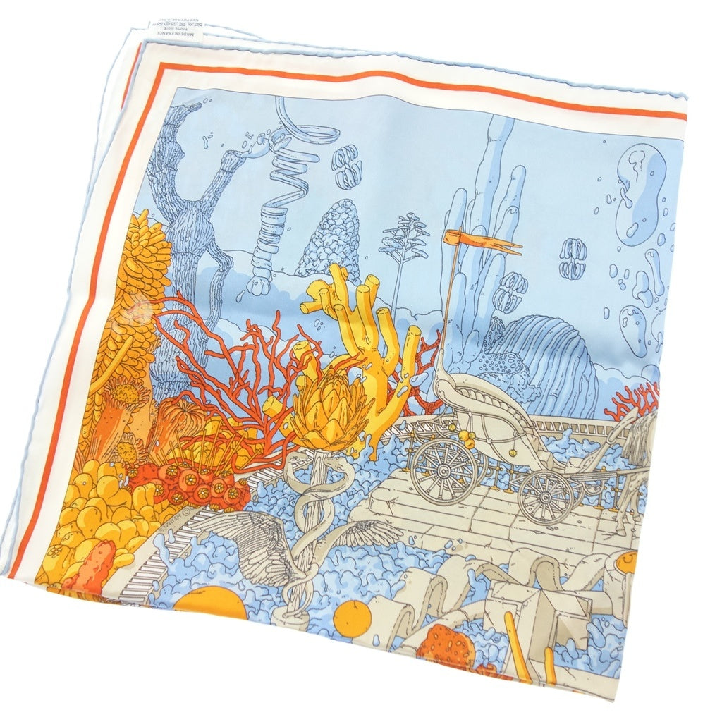 美品◆エルメス スカーフ カレ70 Ex-Libris Atlantis エクスリブリス アトランティス シルク ブルー×オレンジ Hermès【AFI22】
