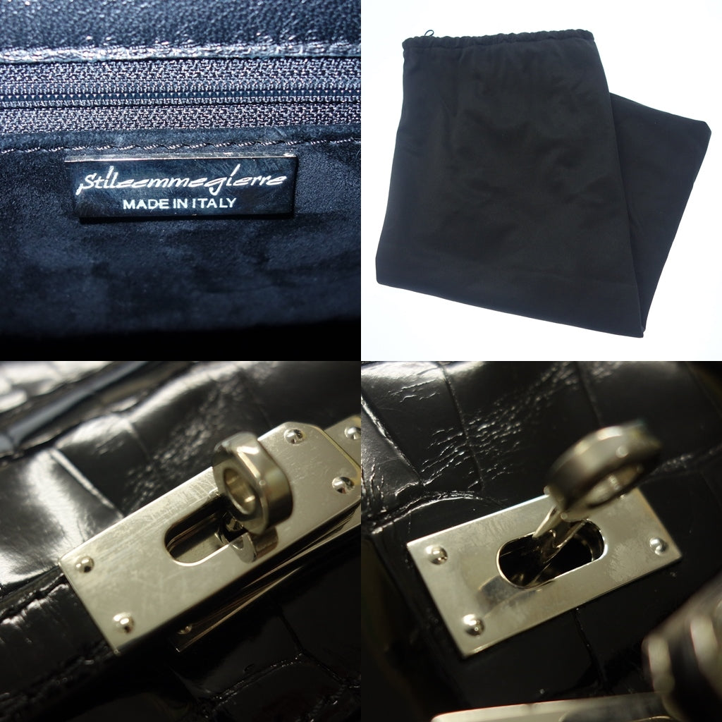 極美品◆スティーレエンメジエッレ ハンドバッグ ケリー型 クロコダイル ブラック シルバー金具 光沢 南京錠&鍵付 STILE Emme Gi Erre【AFE9】