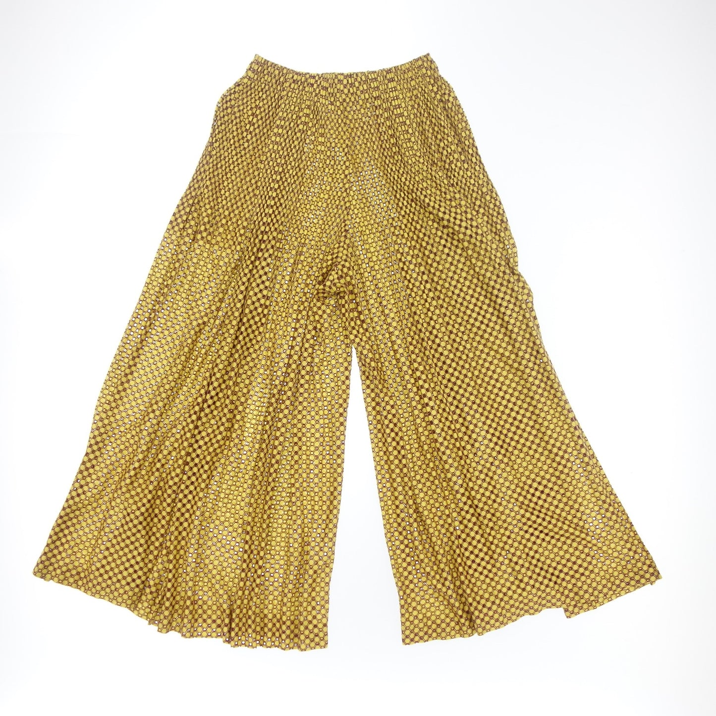 美品◆プリーツプリーズ イッセイミヤケ パンツ 総柄 PP83-JF523 ペチコート付 レディース 3 黄系 PLEATS PLEASE ISSEY MIYAKE【AFB34】