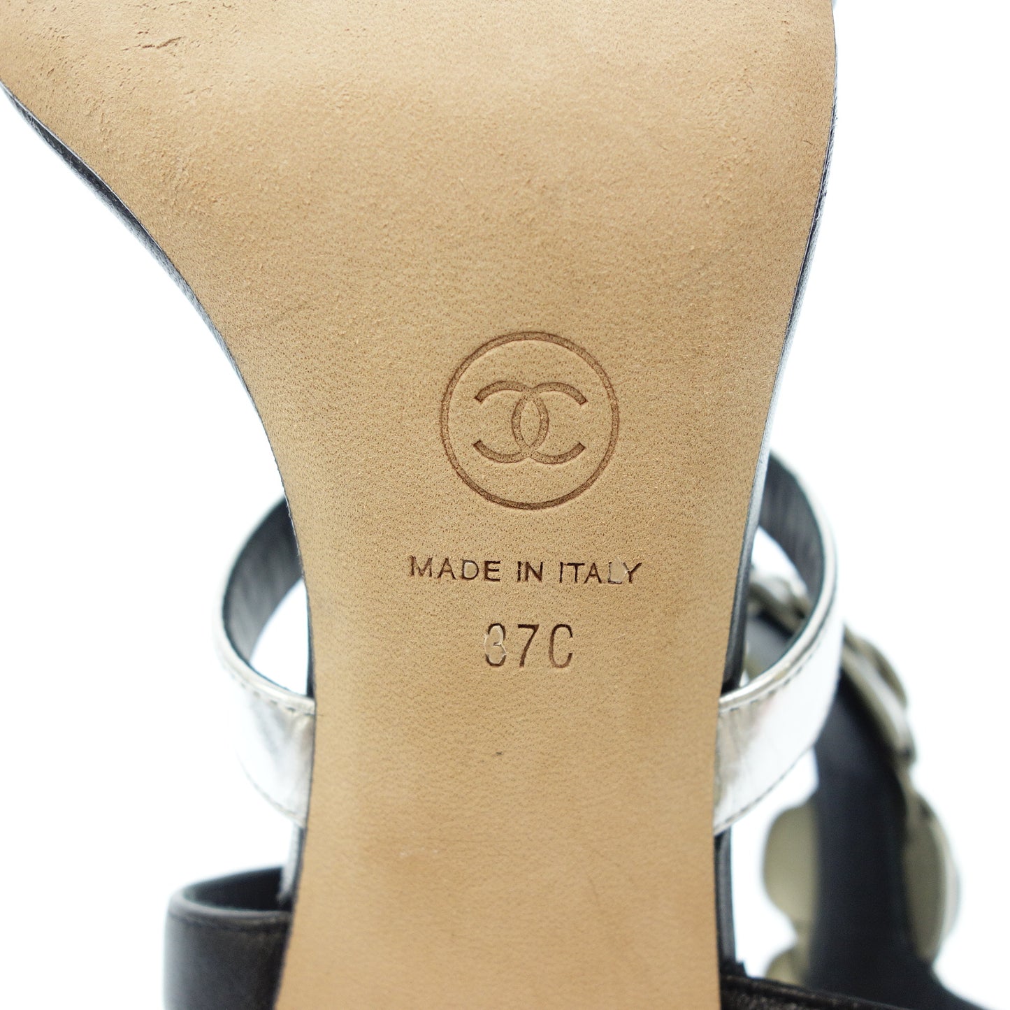 極美品◆シャネル レザーサンダル カメリア ココマーク レディース サイズ37 黒系 シルバー系 CHANEL【AFC32】