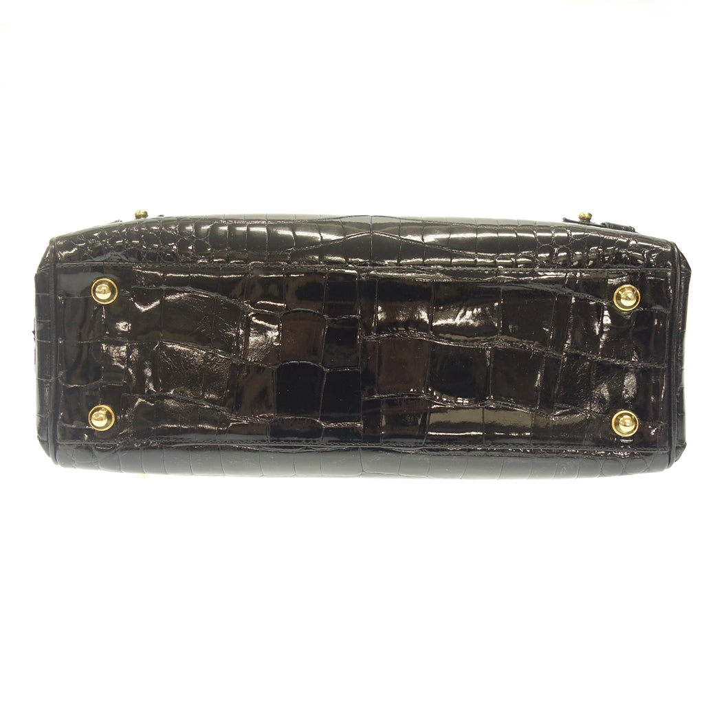 極美品◆ノーブランド シャイニークロコダイル ハンドバッグ ブラック ゴールド金具【AFE12】