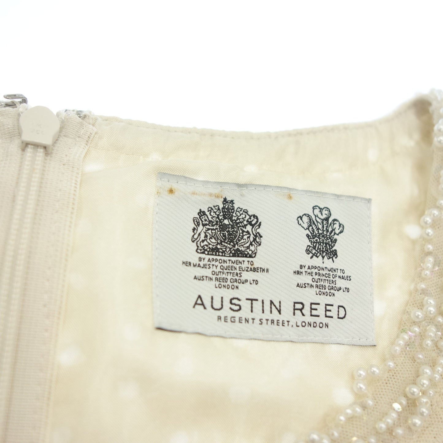 美品◆オースチンリード ワンピース 半袖 フレンチスリーブ ビジュー レディース ピンクベージュ サイズ38 AUSTIN REED【AFB47】