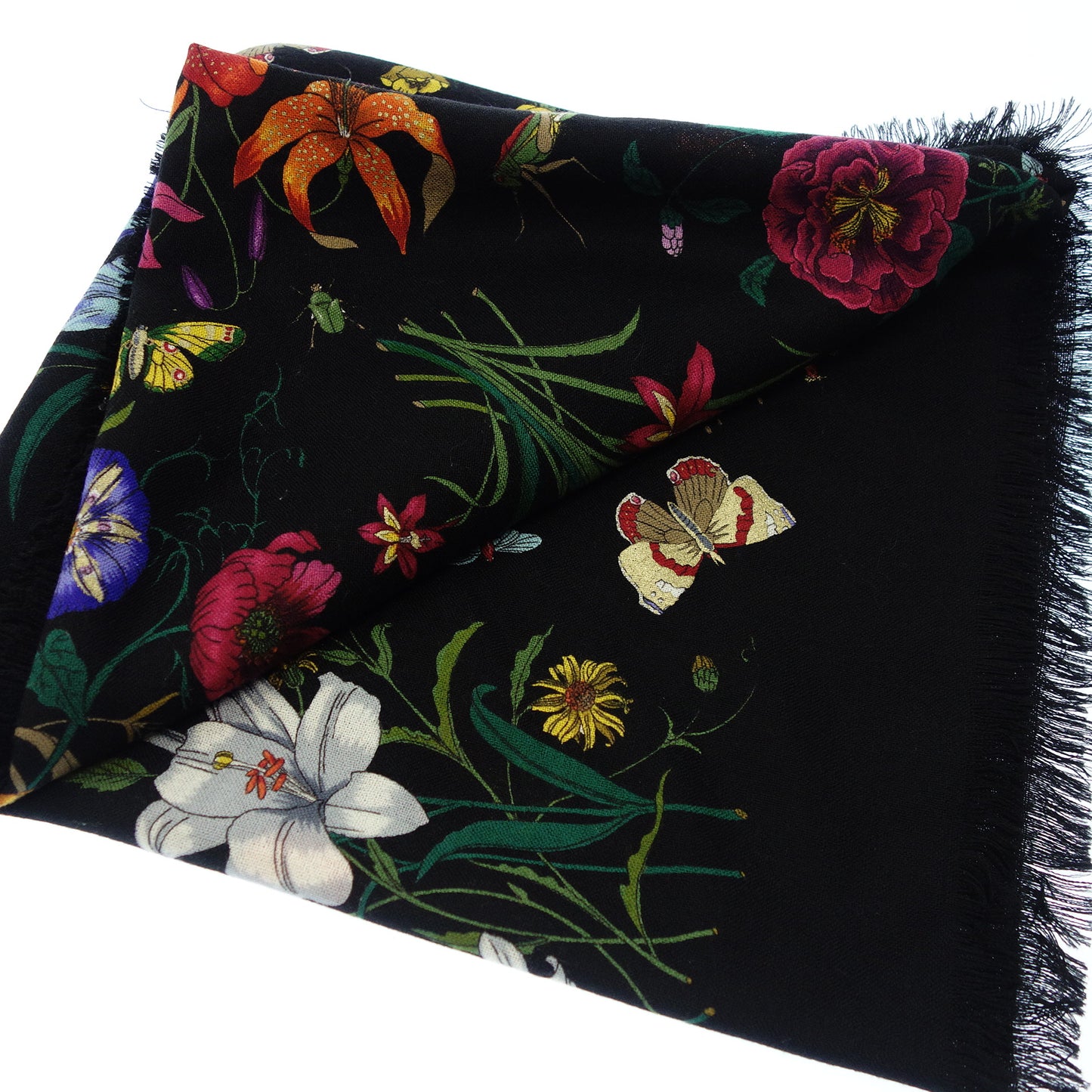 美品◆グッチ 大判ストール フラワー ウール 黒系 GUCCI【AFI13】
