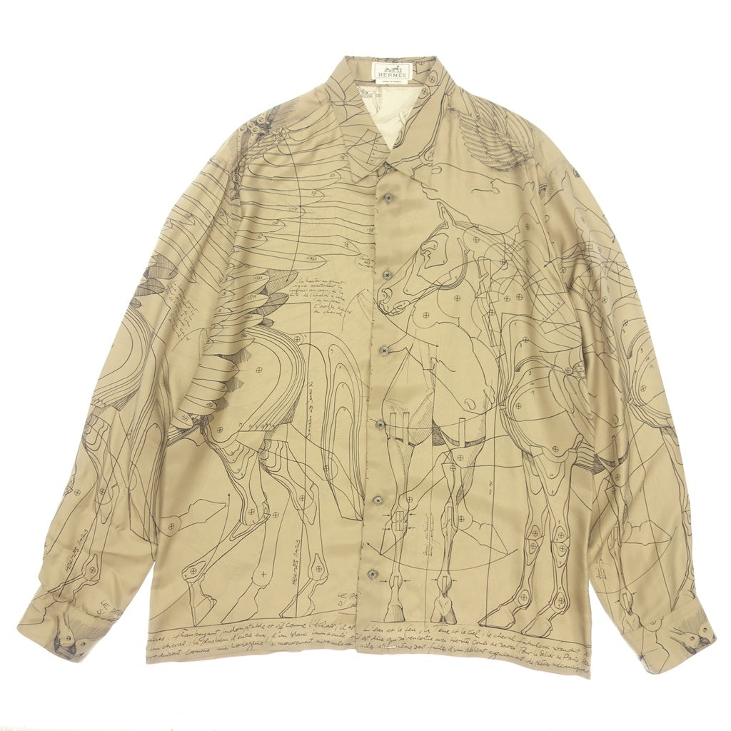 美品◆エルメス シャツ ロングスリーブ 総柄 シルク100% メンズ サイズ44 ブラウン系 HERMES【AFB15】