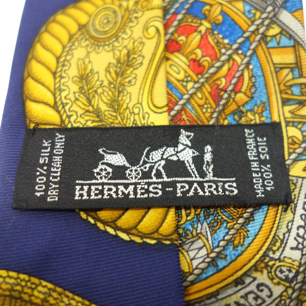 美品◆エルメス ネクタイ シルク100% 総柄 メンズ ネイビー系 HERMES【AFI12】