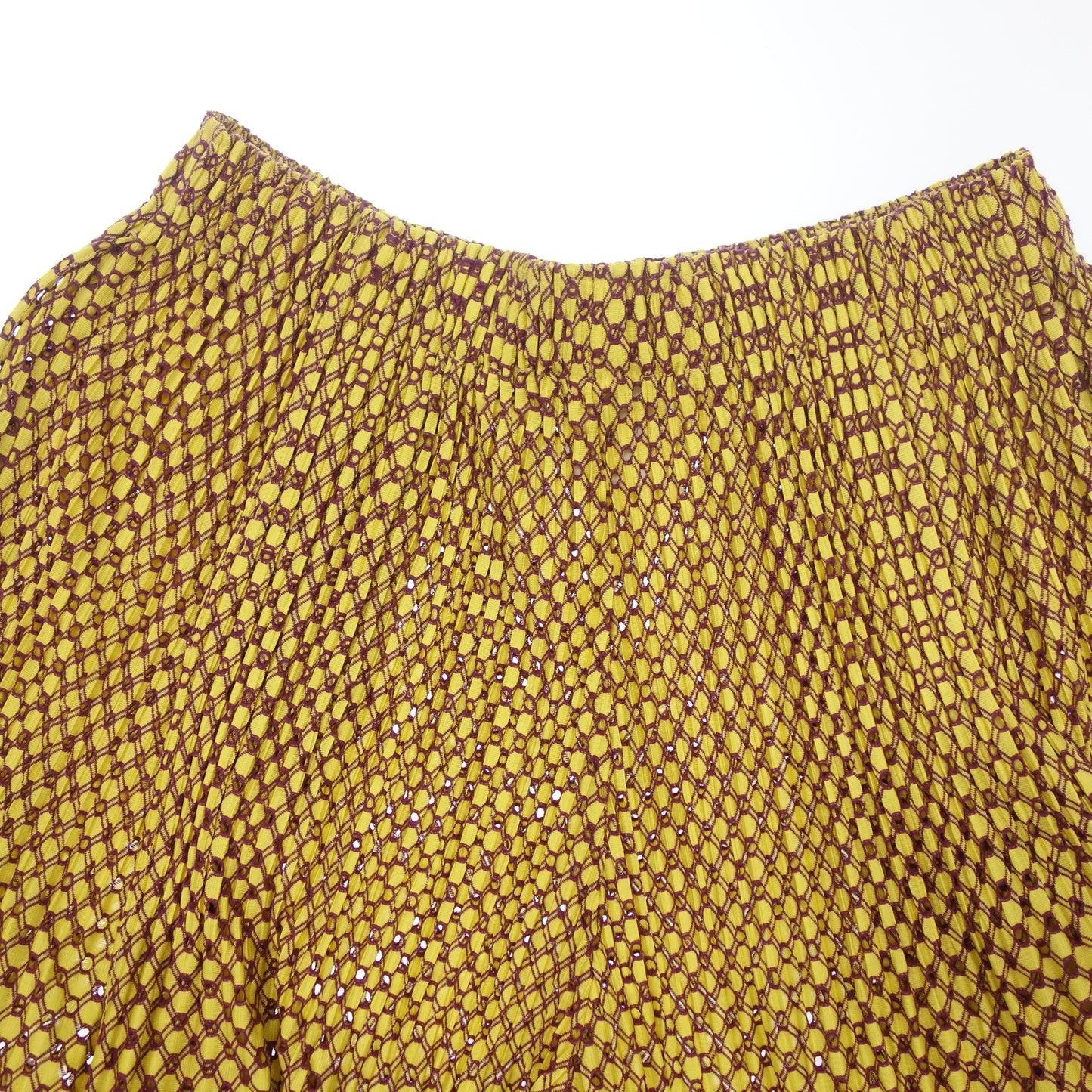 美品◆プリーツプリーズ イッセイミヤケ パンツ 総柄 PP83-JF523 ペチコート付 レディース 3 黄系 PLEATS PLEASE ISSEY MIYAKE【AFB34】