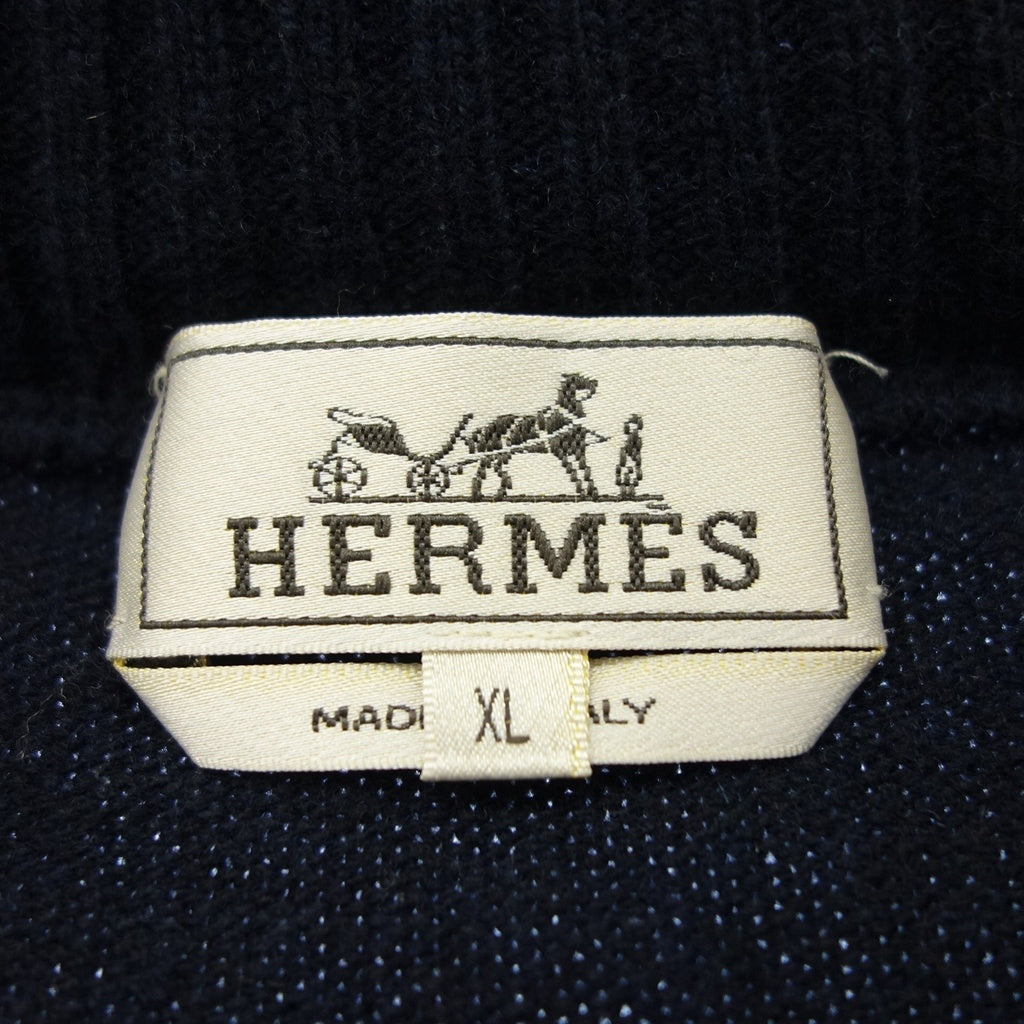 美品◆エルメス ドライバーズ ニット フード内蔵 レザープル メンズ ブラック XL HERMES【AFB54】
