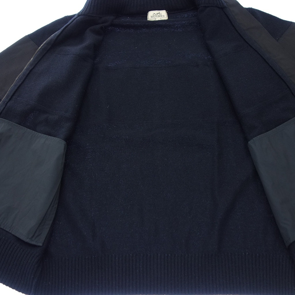 美品◆エルメス ドライバーズ ニット フード内蔵 レザープル メンズ ブラック XL HERMES【AFB54】
