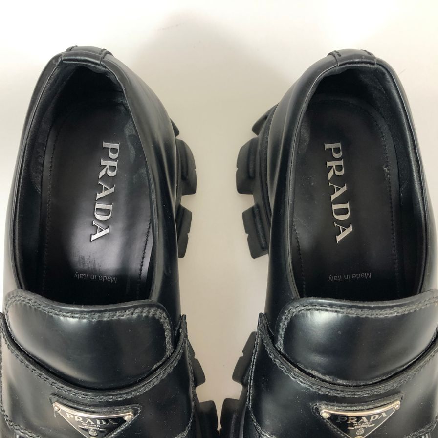 プラダ レザーローファー モノリス トライアングルロゴ 2DE129 メンズ サイズ10 黒 PRADA 約29.0cm【AFC2】