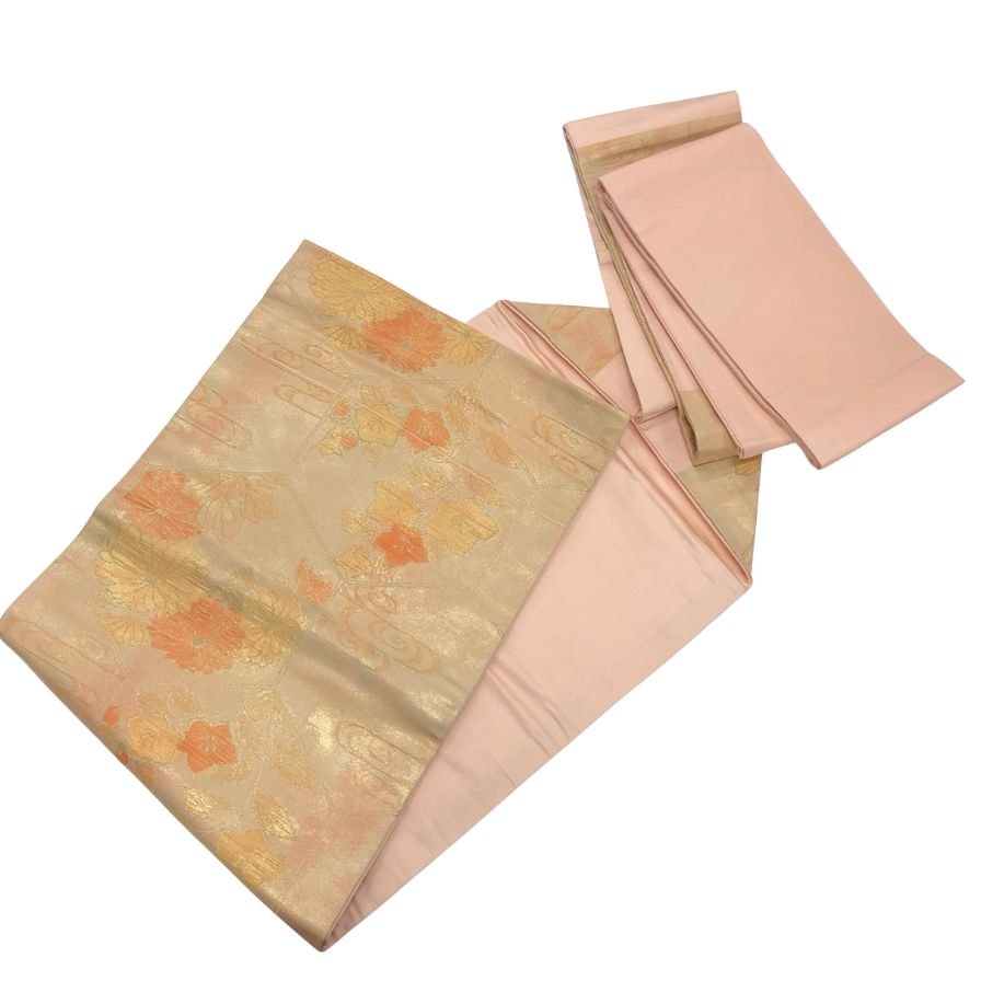着物 袋帯 緞子 菊花紋 ノーブランド 桃花色／薄柿色【AFB15】【中古】