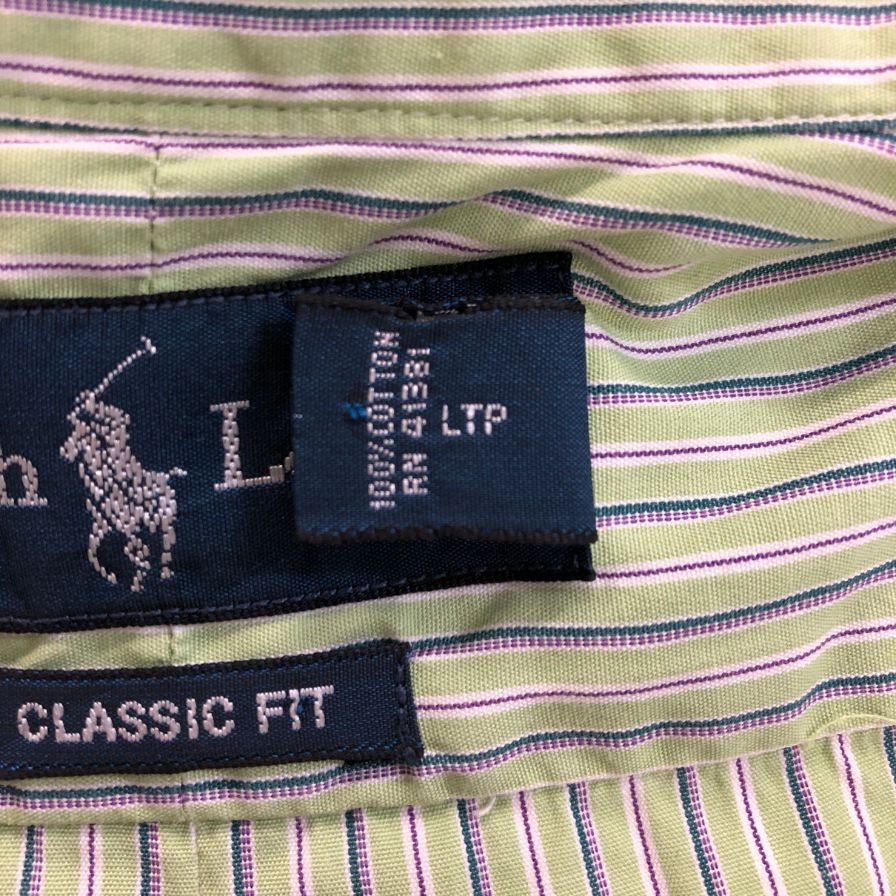 中古◆ラルフローレン ボタンダウンシャツ 90S ストライプ グリーン×パープル メンズ サイズM Ralph Lauren 【AFB29】