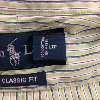 中古◆ラルフローレン ボタンダウンシャツ 90S ストライプ グリーン×パープル メンズ サイズM Ralph Lauren 【AFB29】
