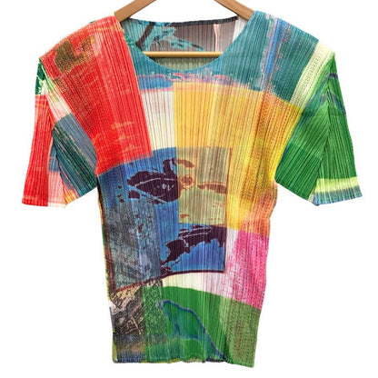 極美品◆プリーツプリーズ イッセイミヤケ 半袖カットソー マルチカラー レディース サイズ3 PP12-JK614 PLEATS PLEASE ISSEY MIYAKE 【AFB43】
