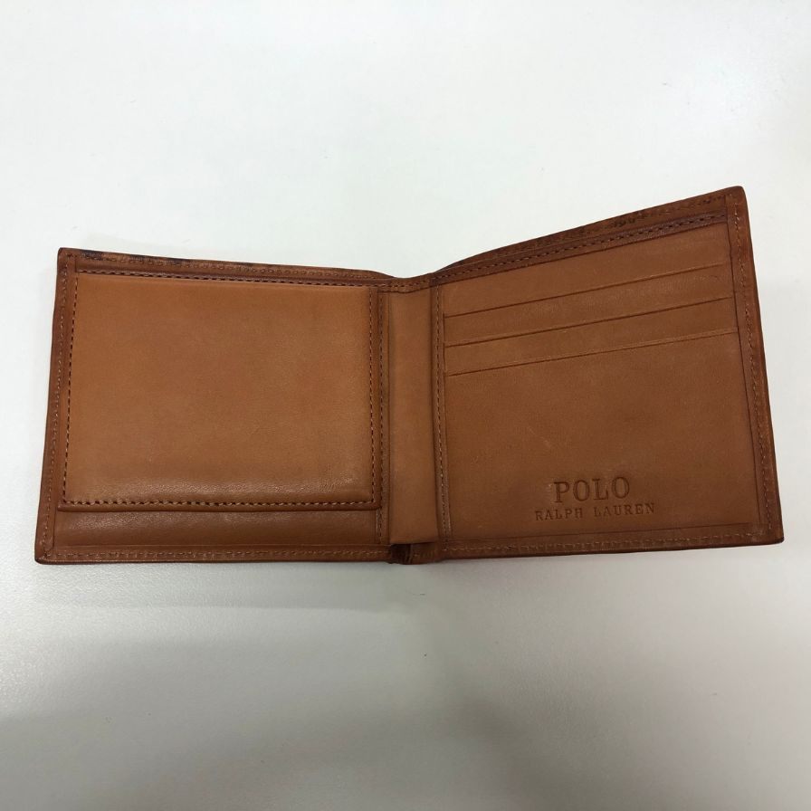 ポロ ラルフローレン レザー×キャンバス パスケース付 二つ折り 財布 ロゴエンボス オレンジ POLO RALPH LAUREN【AFI2】