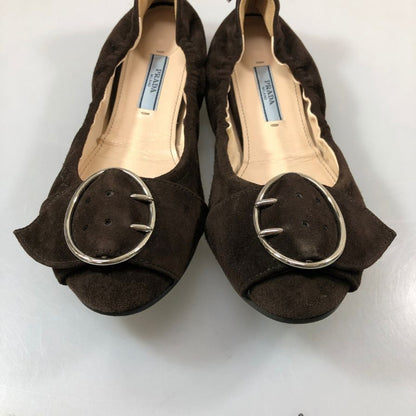 プラダ バレエシューズ スエード ベルト ジップ ブラウン レディース サイズ37 PRADA 約24.0cm【AFC52】
