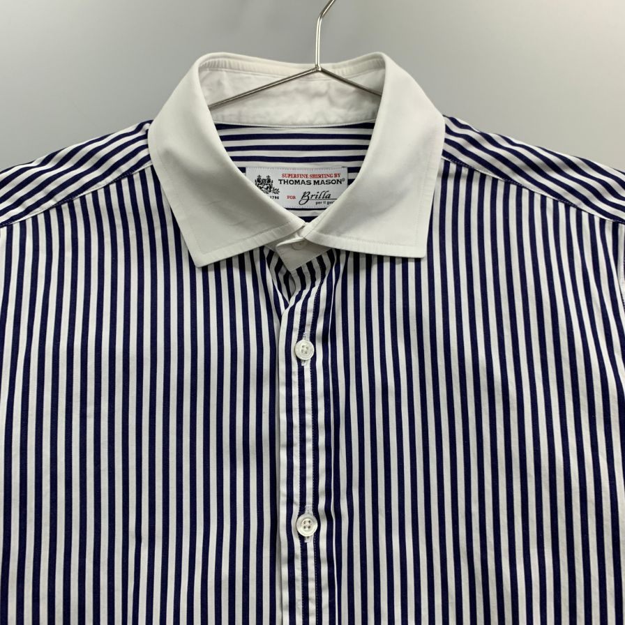 美品◆ブリッラ ペル イル グスト×トーマス メイソン シャツ ストライプ コットン ネイビー メンズ サイズ40 15 4/3 Brilla per il gusto×THOMAS MASON 【AFB11】