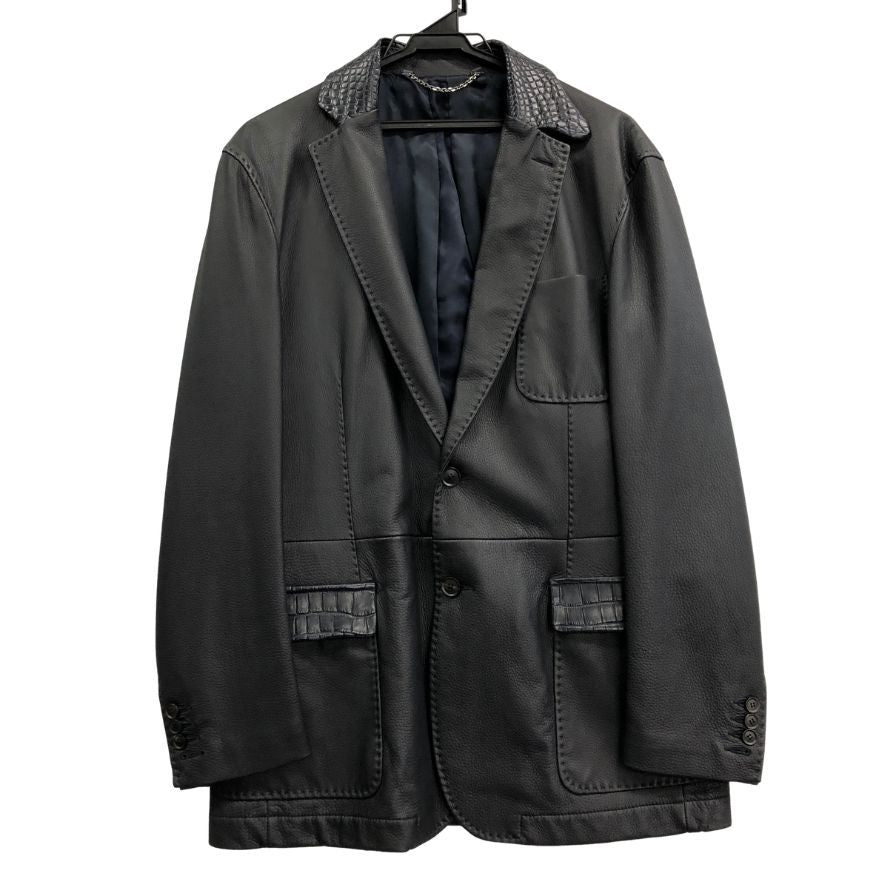 美品◆ブリオーニ ディアスキン クロコパッチ コンビ レザー ジャケット ブラック メンズ サイズ50 BRIONI 【AFA17】
