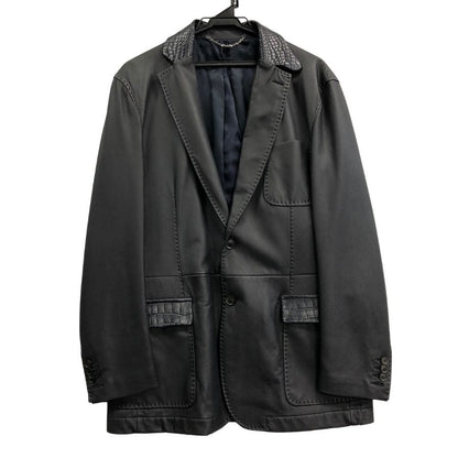 美品◆ブリオーニ ディアスキン クロコパッチ コンビ レザー ジャケット ブラック メンズ サイズ50 BRIONI 【AFA17】