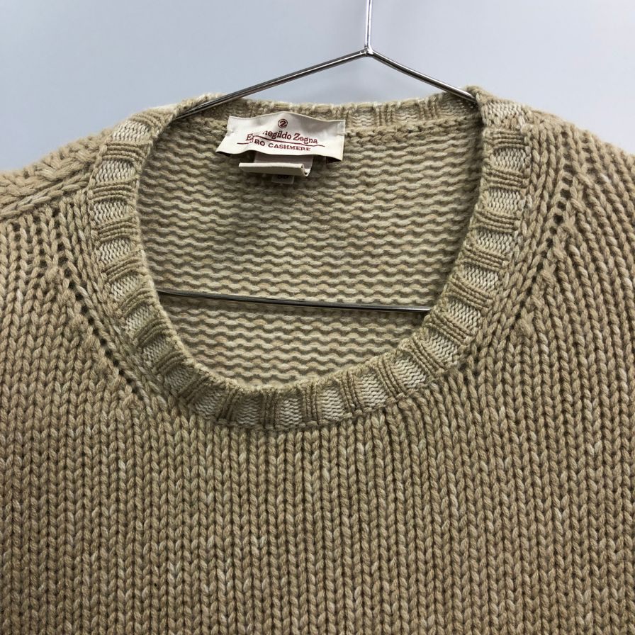 美品◆エルメネジルドゼニア ニットセーター カシミヤ100% クルーネック ベージュ系 サイズ50 メンズ Ermenegildo Zegna 【AFB41】