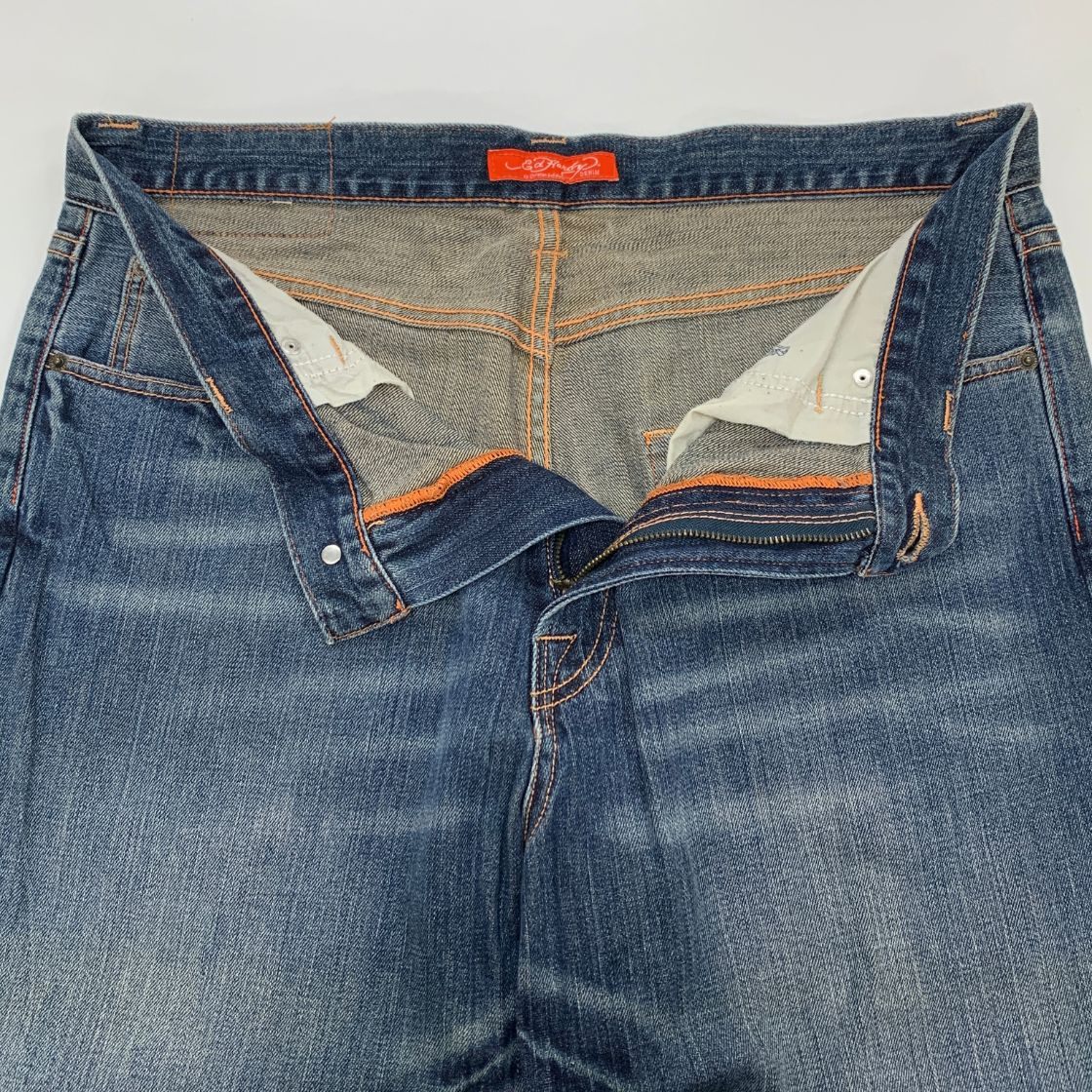 エドハーディー デニムショーツ ハーフ パンツ 鷹 ドクロ 刺繍 装飾 ボタンフライ ウォッシュ USED加工 インディゴ メンズ サイズ36 Ed Hardy 【AFB48】