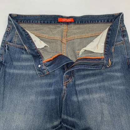 エドハーディー デニムショーツ ハーフ パンツ 鷹 ドクロ 刺繍 装飾 ボタンフライ ウォッシュ USED加工 インディゴ メンズ サイズ36 Ed Hardy 【AFB48】