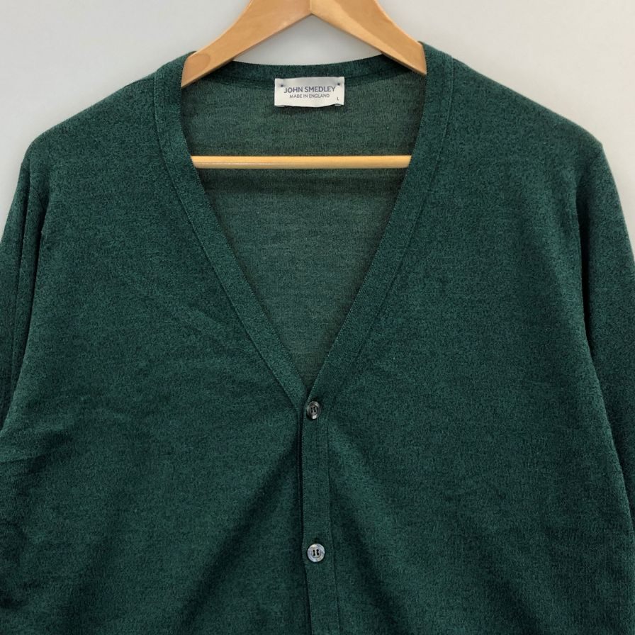 美品◆ジョンスメドレー  カーディガン ウール ニット ハイゲージ グリーン メンズ サイズL JOHN SMEDLEY 【AFB3】