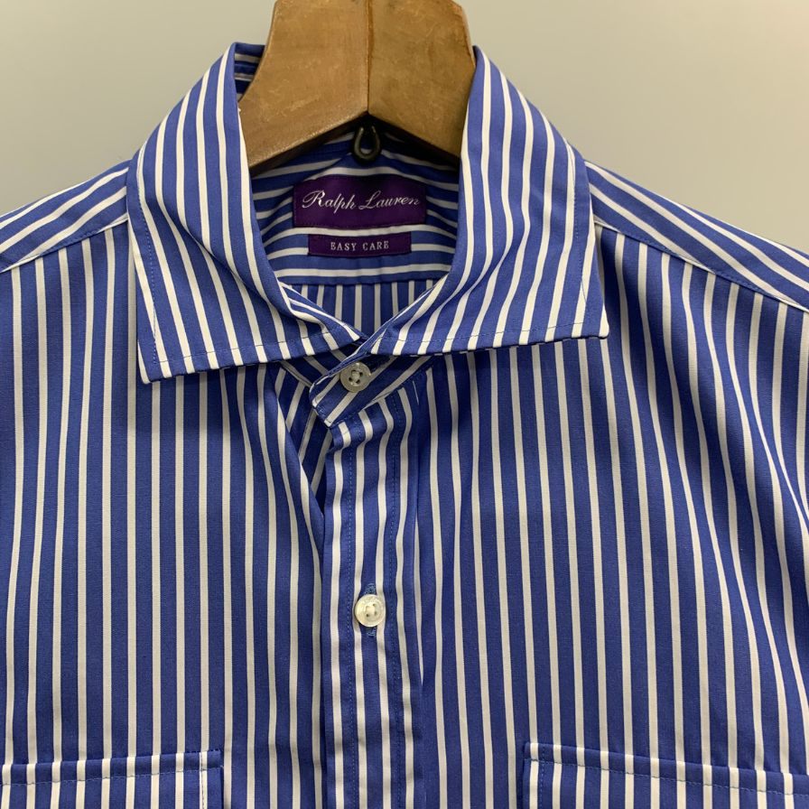 美品◆ラルフローレン シャツ パープルレーベル 2ポケット ストライプ コットン ブルー系 メンズ サイズ175/96A RALPH LAUREN 【AFB11】