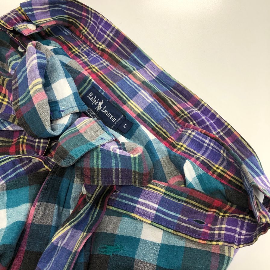 中古◆ラルフローレン ボタンダウンシャツ 90S チェック マルチカラー メンズ サイズL Ralph Lauren 【AFB12】