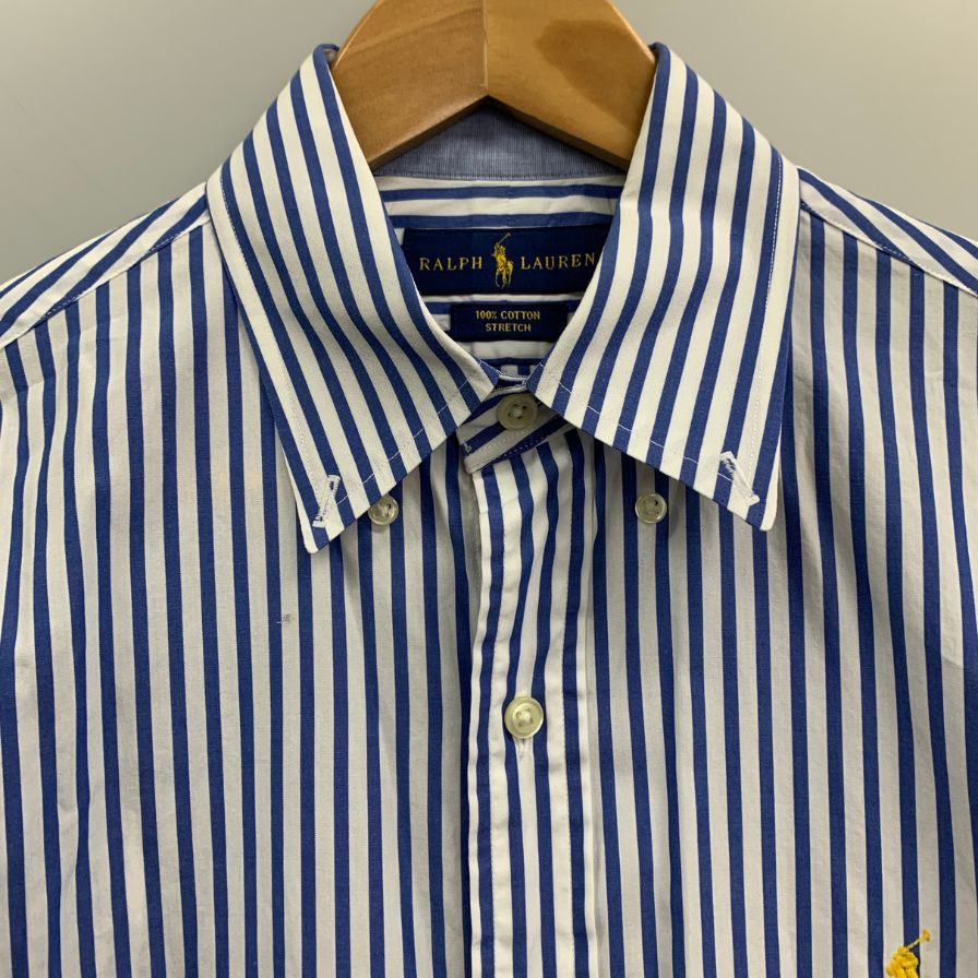 美品◆ラルフローレン シャツ ストライプ イエローロゴ刺繍 コットン ブルー系 メンズ サイズSP RALPH LAUREN 【AFB11】