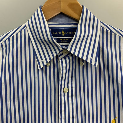 美品◆ラルフローレン シャツ ストライプ イエローロゴ刺繍 コットン ブルー系 メンズ サイズSP RALPH LAUREN 【AFB11】