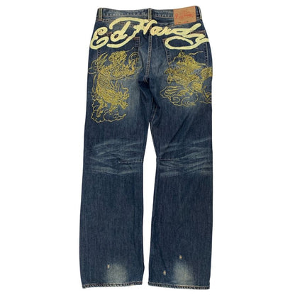 エドハーディー デニムパンツ 龍 刺繍 ペイント 装飾 ボタンフライ ウォッシュ USED加工 2009 インディゴ メンズ サイズ36 Ed Hardy 【AFB32】