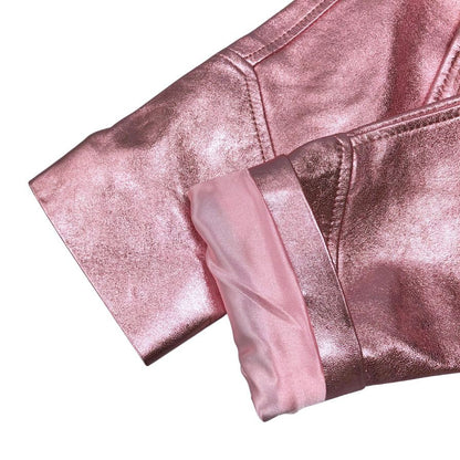 極美品◆ラブシャックファンシー ラメ レザー ジャケット ショート丈 ラムレザー レディース サイズM ピンク  love shack fancy 【AFB24】