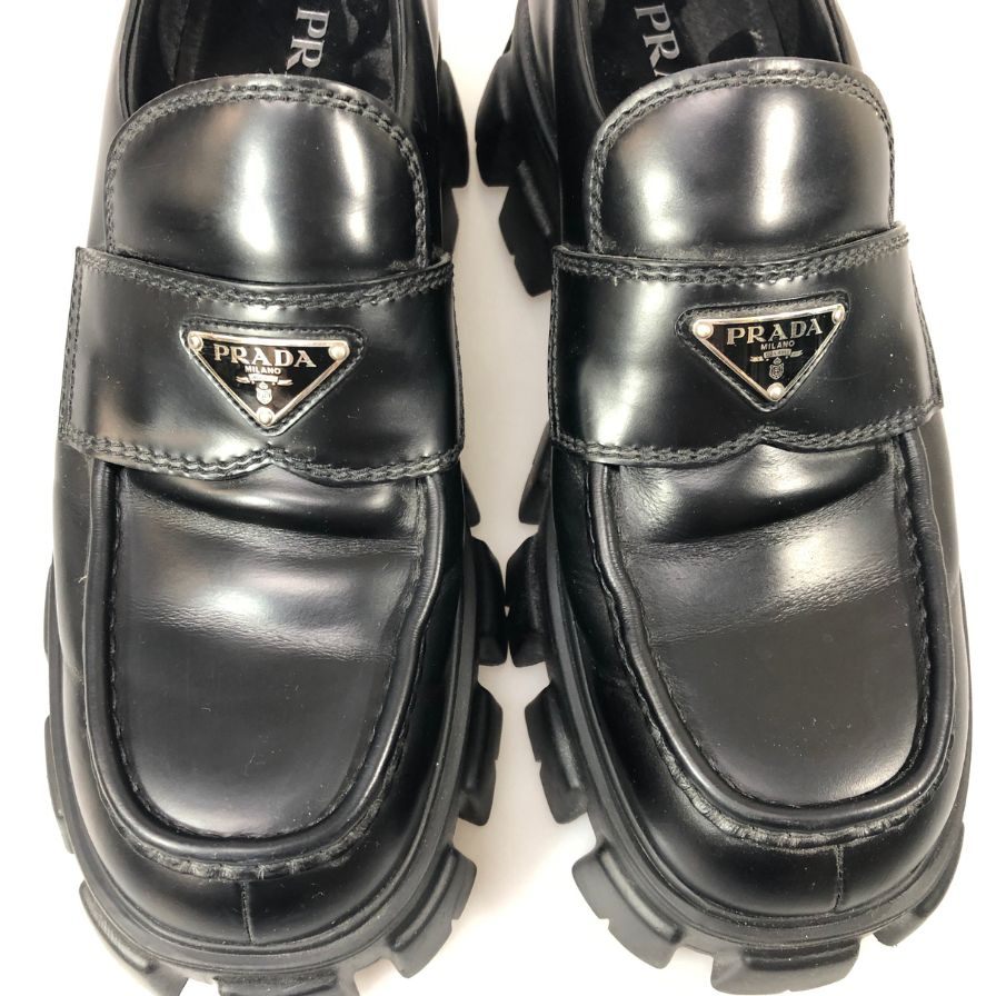 プラダ レザーローファー モノリス トライアングルロゴ 2DE129 メンズ サイズ10 黒 PRADA 約29.0cm【AFC2】