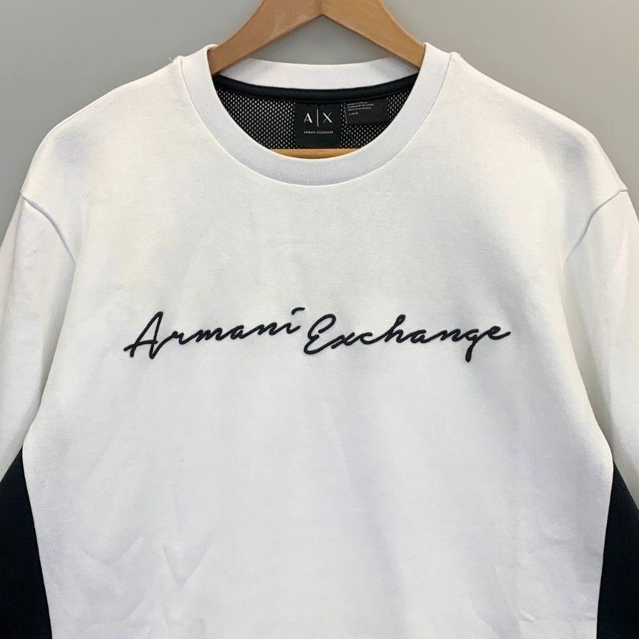 中古◆アルマーニ エクスチェンジ トレーナー 切替 刺繍 ロゴ クルーネック スウェット ホワイト メンズ サイズL ARMANI EXCHANGE 【AFB9】