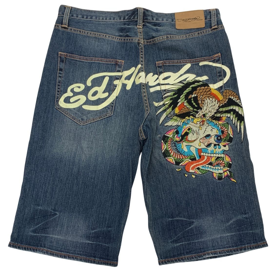 エドハーディー デニムショーツ ハーフ パンツ 鷹 ドクロ 刺繍 装飾 ボタンフライ ウォッシュ USED加工 インディゴ メンズ サイズ36 Ed Hardy 【AFB48】
