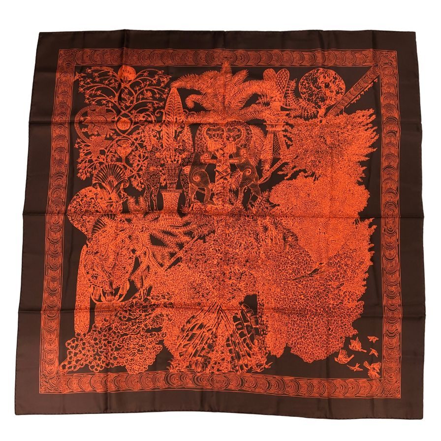 エルメス カレ90 Les Legendes de L'Arbre 木の伝説 シルク ブラウン×オレンジ HERMES【AFI18-3】