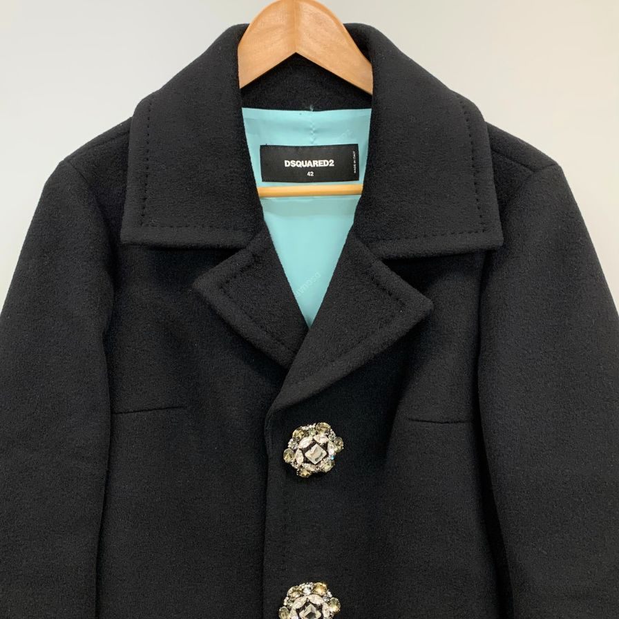 極美品◆ディースクエアード Aライン コート ビッグ ビジューボタンレディース サイズ42 ブラック Dsquared2 【AFA18】