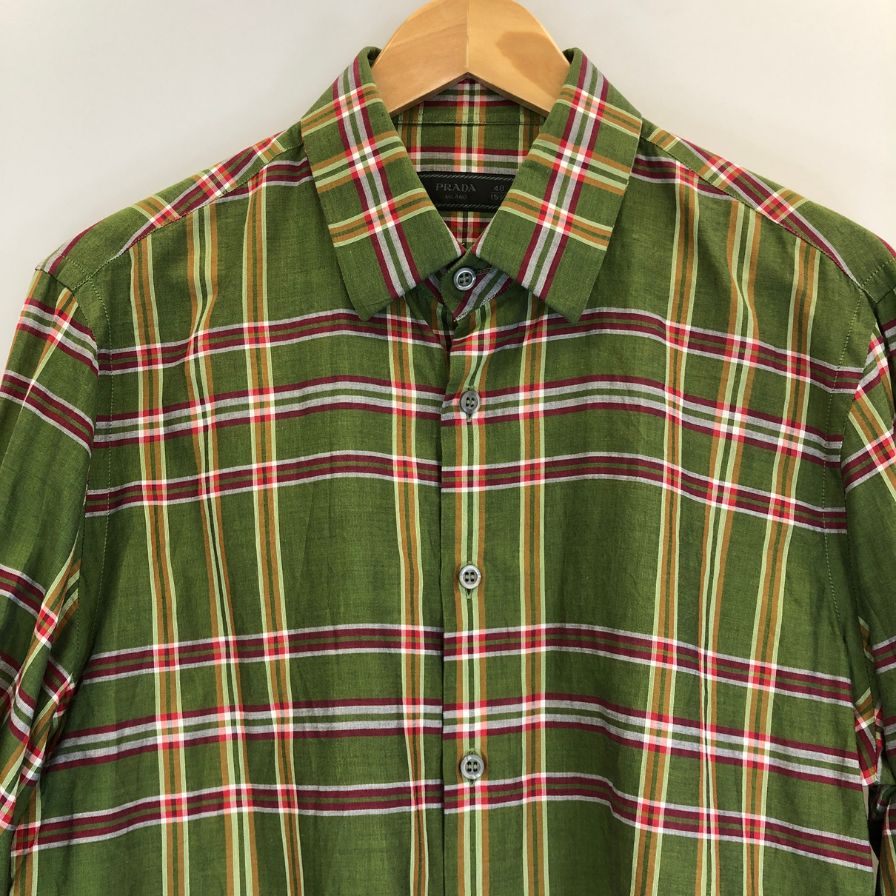 極美品◆プラダ 15SS チェックシャツ グリーン系 メンズ サイズ40 PRADA 【AFB4】