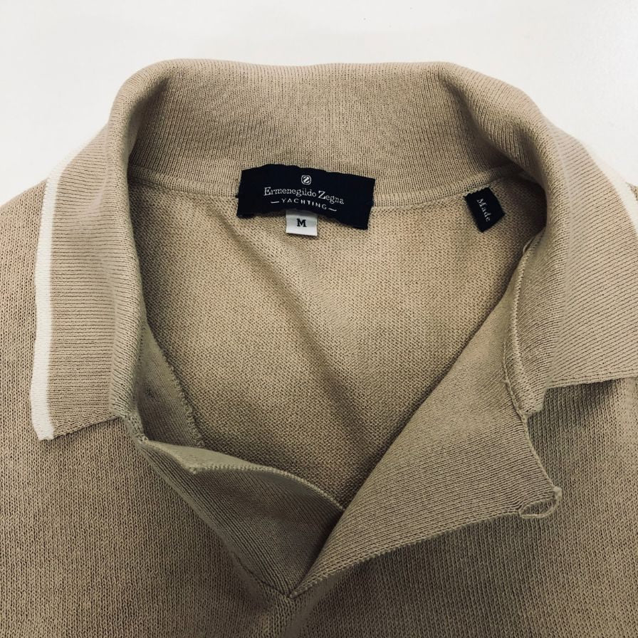 美品◆エルメネジルドゼニア ポロシャツ コットン サマーニット ベージュ系 サイズM メンズ Ermenegildo Zegna 【AFF19】