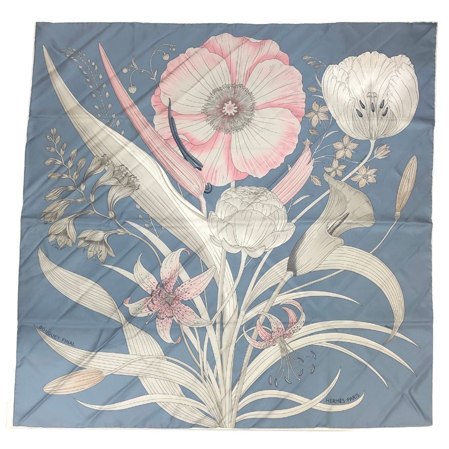エルメス カレ90 25AW 最後の花束 Bouquet Final ブルー シルク レディース HERMES【AFB55】