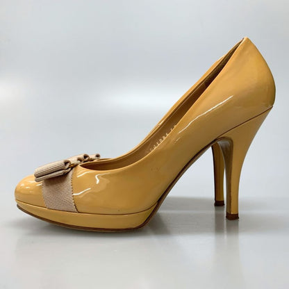 サルヴァトーレ フェラガモ パンプス ヒール ヴァラリボン エナメル レディース サイズ6.5 イエロー系 Salvatore Ferragamo 約25.0cm【AFD3】