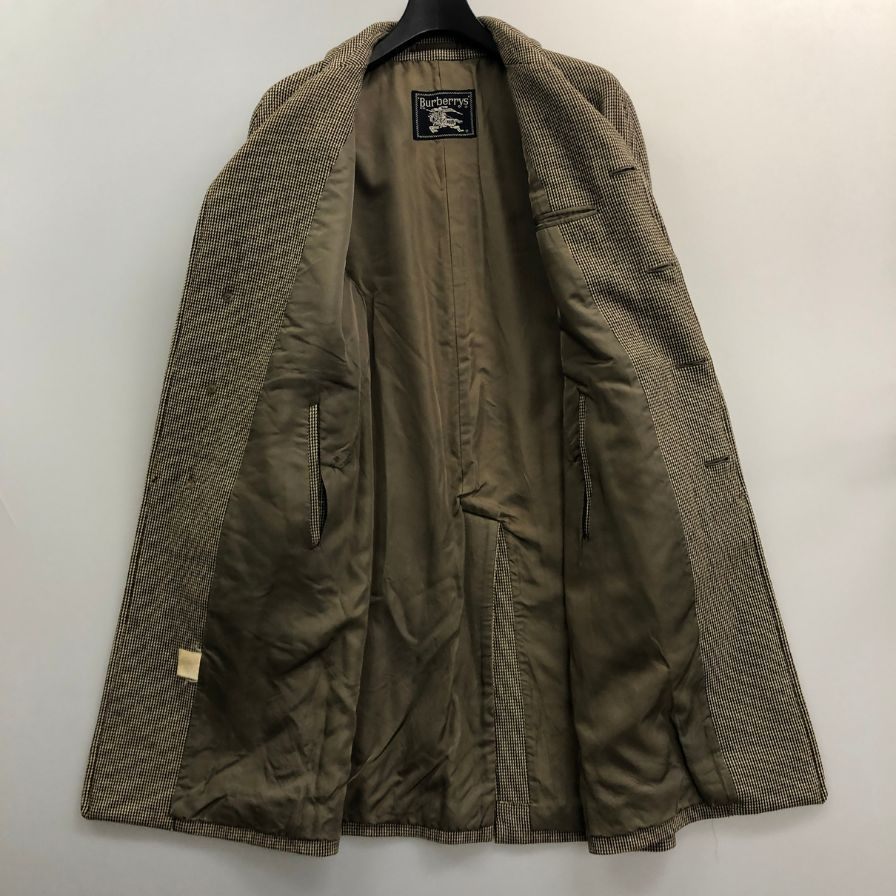 中古◆バーバリー ステンカラーコート ウール 千鳥格子 ブラウン系 メンズ サイズS BURBERRY 【AFF13】