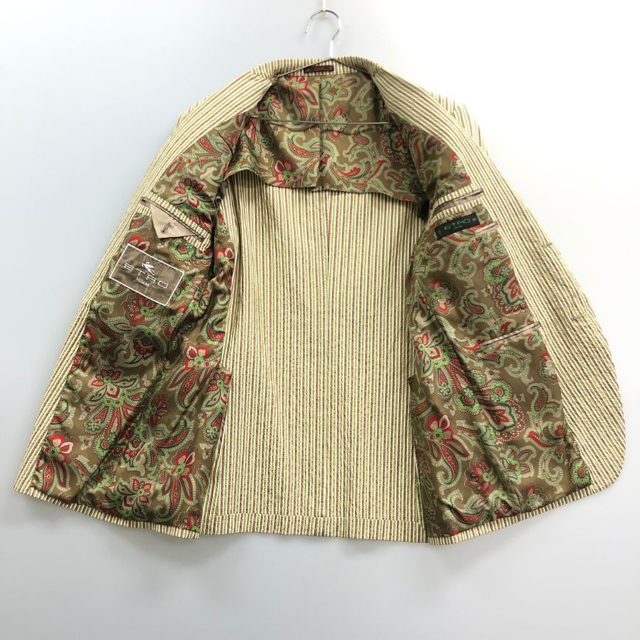 美品◆エトロ 2つボタン ジャケット ストライプ柄 裏地ペイズリー メンズ サイズ50 グリーン系 ETRO 【AFA20】