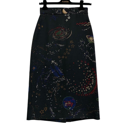 ヴァレンティノ スカート 惑星柄 ブラック ウール×シルク サイズ38 レディース Valentino【AFB9】