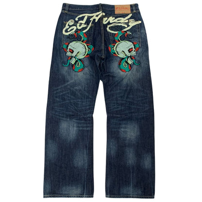 エドハーディー デニムパンツ ドクロ 蛇 刺繍 ペイント 装飾 ボタンフライ ウォッシュ USED加工 2009 インディゴ メンズ サイズ36 Ed Hardy 【AFB27】